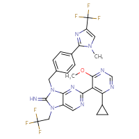 Chemical structure of 2-(4-cyclopropyl-6-methoxypyrimidin-5-yl)-9-({4-[1-methyl-4-(trifluoromethyl)-1H-imidazol-2-yl]phenyl}methyl)-7-(2,2,2-trifluoroethyl)-8,9-dihydro-7H-purin-8-imine - CSSB20465146705
