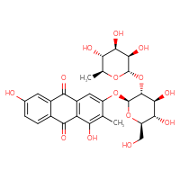 Chemical structure of 3-{[(2S,3R,4S,5S,6R)-4,5-dihydroxy-6-(hydroxymethyl)-3-{[(2S,3R,4R,5R,6S)-3,4,5-trihydroxy-6-methyloxan-2-yl]oxy}oxan-2-yl]oxy}-1,6-dihydroxy-2-methyl-9,10-dihydroanthracene-9,10-dione - CSSB00159261919