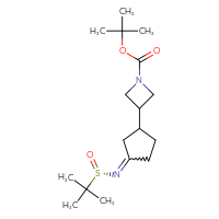 Chemical structure of tert-butyl 3-(3-{[(S)-2-methylpropane-2-sulfinyl]imino}cyclopentyl)azetidine-1-carboxylate - CSSB21332858189