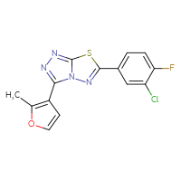 Chemical structure of 6-(3-chloro-4-fluorophenyl)-3-(2-methylfuran-3-yl)-[1,2,4]triazolo[3,4-b][1,3,4]thiadiazole - CSSB00121603956
