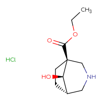 Chemical structure of ethyl (1S,5S,8R)-8-hydroxy-3-azabicyclo[3.2.1]octane-1-carboxylate hydrochloride - CSSB09881013927