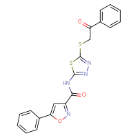 Chemical structure of N-{5-[(2-oxo-2-phenylethyl)sulfanyl]-1,3,4-thiadiazol-2-yl}-5-phenyl-1,2-oxazole-3-carboxamide - CSSB00160882816