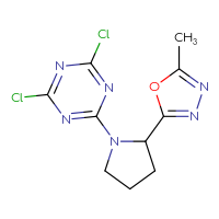 Chemical structure of 2,4-dichloro-6-[2-(5-methyl-1,3,4-oxadiazol-2-yl)pyrrolidin-1-yl]-1,3,5-triazine - CSSB02214498099