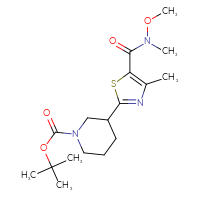 Chemical structure of tert-butyl 3-{5-[methoxy(methyl)carbamoyl]-4-methyl-1,3-thiazol-2-yl}piperidine-1-carboxylate - CSSB01045818096