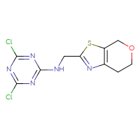 Chemical structure of 4,6-dichloro-N-({4H,6H,7H-pyrano[4,3-d][1,3]thiazol-2-yl}methyl)-1,3,5-triazin-2-amine - CSSB06546413218
