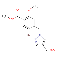 Chemical structure of methyl 5-bromo-4-[(4-formyl-1H-pyrazol-1-yl)methyl]-2-methoxybenzoate - CSSB21332164499
