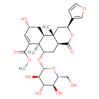 Chemical structure of methyl (2S,4aS,6S,6aR,9R,10aS,10bS)-2-(furan-3-yl)-9-hydroxy-6a,10b-dimethyl-4-oxo-6-{[(2R,3R,4S,5S,6R)-3,4,5-trihydroxy-6-(hydroxymethyl)oxan-2-yl]oxy}-1H,2H,4H,4aH,5H,6H,6aH,9H,10H,10aH,10bH-naphtho[2,1-c]pyran-7-carboxylate - CSSB00160998399