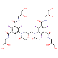 Chemical structure of 5-{N-[3-(N-{3,5-bis[(2,3-dihydroxypropyl)carbamoyl]-2,4,6-triiodophenyl}acetamido)-2-hydroxypropyl]acetamido}-N1,N3-bis(2,3-dihydroxypropyl)-2,4,6-triiodobenzene-1,3-dicarboxamide - CSSB00000054243