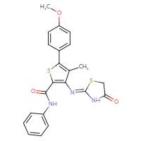 Chemical structure of 5-(4-methoxyphenyl)-4-methyl-3-{[(2Z)-4-oxo-1,3-thiazolidin-2-ylidene]amino}-N-phenylthiophene-2-carboxamide - CSSB21444810781