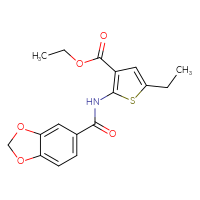 Chemical structure of ethyl 2-(2H-1,3-benzodioxole-5-amido)-5-ethylthiophene-3-carboxylate - CSSB00046109624
