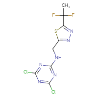 Chemical structure of 4,6-dichloro-N-{[5-(1,1-difluoroethyl)-1,3,4-thiadiazol-2-yl]methyl}-1,3,5-triazin-2-amine - CSSB21332170847