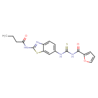 Chemical structure of N-[6-({[(furan-2-yl)formamido]methanethioyl}amino)-1,3-benzothiazol-2-yl]butanamide - CSSB00121621122