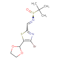Chemical structure of (S)-N-{[4-bromo-5-(1,3-dioxolan-2-yl)-1,3-thiazol-2-yl]methylidene}-2-methylpropane-2-sulfinamide - CSSB21332859499