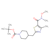 Chemical structure of tert-butyl 4-({5-[methoxy(methyl)carbamoyl]-4-methyl-1,3-thiazol-2-yl}methyl)piperidine-1-carboxylate - CSSB04559261813