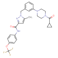 Chemical structure of 1-{[3-(4-cyclopropanecarbonylpiperazin-1-yl)phenyl]methyl}-5-methyl-N-[4-(trifluoromethoxy)phenyl]-1H-pyrazole-3-carboxamide - CSSB14863682010