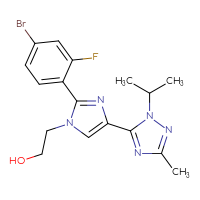 Chemical structure of 2-[2-(4-bromo-2-fluorophenyl)-4-[3-methyl-1-(propan-2-yl)-1H-1,2,4-triazol-5-yl]-1H-imidazol-1-yl]ethan-1-ol - CSSB00121571798