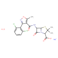 Chemical structure of sodium 6-[3-(2,6-dichlorophenyl)-5-methyl-1,2-oxazole-4-amido]-3,3-dimethyl-7-oxo-4-thia-1-azabicyclo[3.2.0]heptane-2-carboxylate hydrate - CSSB00025740965