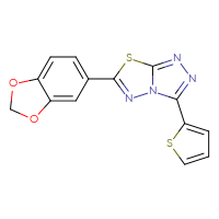 Chemical structure of 6-(2H-1,3-benzodioxol-5-yl)-3-(thiophen-2-yl)-[1,2,4]triazolo[3,4-b][1,3,4]thiadiazole - CSSB00121623676