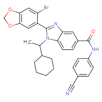 Chemical structure of 2-(6-bromo-2H-1,3-benzodioxol-5-yl)-N-(4-cyanophenyl)-1-(1-cyclohexylethyl)-1H-1,3-benzodiazole-5-carboxamide - CSSB00159311971