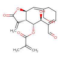 Chemical structure of (3aR,4R,5S,11aS)-6-formyl-5-hydroxy-10-(hydroxymethyl)-3-methylidene-2-oxo-2H,3H,3aH,4H,5H,8H,9H,11aH-cyclodeca[b]furan-4-yl 2-methylprop-2-enoate - CSSB20622561787