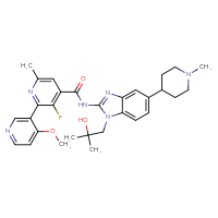 Chemical structure of 3-fluoro-N-[1-(2-hydroxy-2-methylpropyl)-5-(1-methylpiperidin-4-yl)-1H-1,3-benzodiazol-2-yl]-4'-methoxy-6-methyl-[2,3'-bipyridine]-4-carboxamide - CSSB06623406795