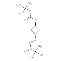 Chemical structure of tert-butyl N-[(1r,3r)-3-({[(R)-2-methylpropane-2-sulfinyl]imino}methyl)cyclobutyl]carbamate - CSSB21331810933