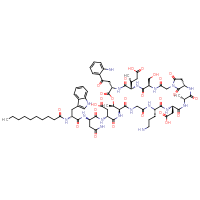 Chemical structure of (3R)-3-{[(5R,8S,11S,14R,15S,21S,24S,27R,30S)-11-[2-(2-aminophenyl)-2-oxoethyl]-21-(3-aminopropyl)-24-(carboxymethyl)-8-[(2R)-1-carboxypropan-2-yl]-5-(hydroxymethyl)-14,27-dimethyl-3,6,9,12,16,19,22,25,28,32,33-undecaoxo-13-oxa-1,4,7,10,17,20,23,26,29-nonaazabicyclo[28.2.1]tritriacontan-15-yl]carbamoyl}-3-[(2R)-3-carbamoyl-2-[(2R)-2-decanamido-3-(1H-indol-3-yl)propanamido]propanamido]propanoic acid - CSSB02515435413
