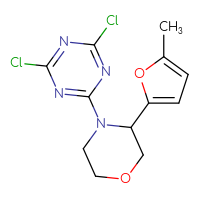 Chemical structure of 2,4-dichloro-6-[3-(5-methylfuran-2-yl)morpholin-4-yl]-1,3,5-triazine - CSSB02248385812