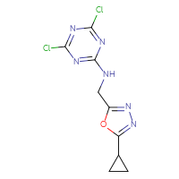 Chemical structure of 4,6-dichloro-N-[(5-cyclopropyl-1,3,4-oxadiazol-2-yl)methyl]-1,3,5-triazin-2-amine - CSSB21332140046