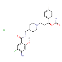 Chemical structure of (1S)-3-(4-{[(4-amino-5-chloro-2-methoxyphenyl)formamido]methyl}piperidin-1-yl)-1-(4-fluorophenyl)propyl carbamate hydrochloride - CSSB06256035044