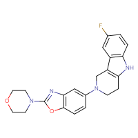 Chemical structure of 5-{8-fluoro-1H,2H,3H,4H,5H-pyrido[4,3-b]indol-2-yl}-2-(morpholin-4-yl)-1,3-benzoxazole - CSSB06741647167