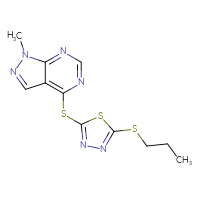 Chemical structure of 2-({1-methyl-1H-pyrazolo[3,4-d]pyrimidin-4-yl}sulfanyl)-5-(propylsulfanyl)-1,3,4-thiadiazole - CSSB00025958120
