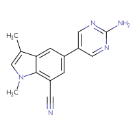 Chemical structure of 5-(2-aminopyrimidin-5-yl)-1,3-dimethyl-1H-indole-7-carbonitrile - CSSB21531599866