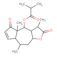 Chemical structure of 3,4a,8-trimethyl-2,5-dioxo-2H,3H,3aH,4H,4aH,5H,7aH,8H,9H,9aH-azuleno[6,5-b]furan-4-yl 2-methylpropanoate - CSSB00159268103