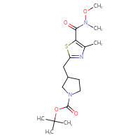 Chemical structure of tert-butyl 3-({5-[methoxy(methyl)carbamoyl]-4-methyl-1,3-thiazol-2-yl}methyl)pyrrolidine-1-carboxylate - CSSB01045818430