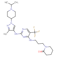Chemical structure of 1-(3-{[2-({3-methyl-1-[1-(propan-2-yl)piperidin-4-yl]-1H-pyrazol-4-yl}amino)-5-(trifluoromethyl)pyrimidin-4-yl]amino}propyl)piperidin-2-one - CSSB21176551824