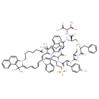 Chemical structure of 2-[(1E,3E,5E)-7-[(2Z)-3-[5-({4-[(4R,7S,10R,13S,16R)-16-[(2R)-2-amino-3-phenylpropanamido]-4-{[(1S,2R)-1-carbamoyl-2-hydroxypropyl]carbamoyl}-13-[(4-hydroxyphenyl)methyl]-10-[(1H-indol-3-yl)methyl]-6,9,12,15-tetraoxo-1,2-dithia-5,8,11,14-tetraazacycloheptadecan-7-yl]butyl}carbamoyl)pentyl]-1,1-dimethyl-1H,2H,3H-benzo[e]indol-2-ylidene]hepta-1,3,5-trien-1-yl]-1,1-dimethyl-3-(4-sulfonatobutyl)-1H-benzo[e]indol-3-ium - CSSB06446550926