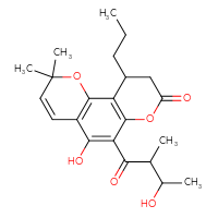 Chemical structure of 5-hydroxy-6-(3-hydroxy-2-methylbutanoyl)-2,2-dimethyl-10-propyl-2H,8H,9H,10H-pyrano[2,3-h]chromen-8-one - CSSB00121597674