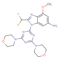 Chemical structure of 1-[4,6-bis(morpholin-4-yl)-1,3,5-triazin-2-yl]-2-(difluoromethyl)-4-methoxy-1H-1,3-benzodiazol-6-amine - CSSB14948211004