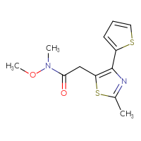 Chemical structure of N-methoxy-N-methyl-2-[2-methyl-4-(thiophen-2-yl)-1,3-thiazol-5-yl]acetamide - CSSB02006904463