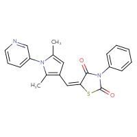 Chemical structure of (5E)-5-{[2,5-dimethyl-1-(pyridin-3-yl)-1H-pyrrol-3-yl]methylidene}-3-phenyl-1,3-thiazolidine-2,4-dione - CSSB00102522727