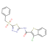 Chemical structure of 3-chloro-N-(5-phenylmethanesulfonyl-1,3,4-thiadiazol-2-yl)-1-benzothiophene-2-carboxamide - CSSB00121604605