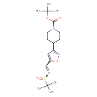 Chemical structure of tert-butyl 4-[5-({[(R)-2-methylpropane-2-sulfinyl]imino}methyl)-1,2-oxazol-3-yl]piperidine-1-carboxylate - CSSB21332856661
