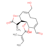 Chemical structure of (3aS,4S,5S,11aR)-6-formyl-5-hydroxy-10-(hydroxymethyl)-3-methylidene-2-oxo-2H,3H,3aH,4H,5H,8H,9H,11aH-cyclodeca[b]furan-4-yl (2E)-2-methylbut-2-enoate - CSSB14855339655