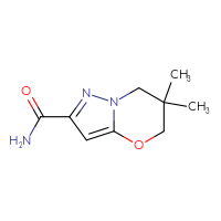 Chemical structure of 6,6-dimethyl-5H,6H,7H-pyrazolo[3,2-b][1,3]oxazine-2-carboxamide - CSSB07013231776
