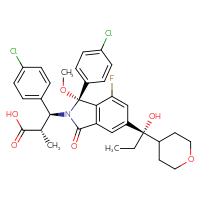 Chemical structure of (2S,3S)-3-(4-chlorophenyl)-3-[(1R)-1-(4-chlorophenyl)-7-fluoro-5-[(1S)-1-hydroxy-1-(oxan-4-yl)propyl]-1-methoxy-3-oxo-2,3-dihydro-1H-isoindol-2-yl]-2-methylpropanoic acid - CSSB20959061082