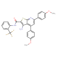 Chemical structure of 3-amino-4,6-bis(4-methoxyphenyl)-N-[2-(trifluoromethyl)phenyl]thieno[2,3-b]pyridine-2-carboxamide - CSSB00103159455
