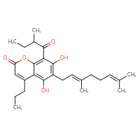 Chemical structure of 6-[(2E)-3,7-dimethylocta-2,6-dien-1-yl]-5,7-dihydroxy-8-(2-methylbutanoyl)-4-propyl-2H-chromen-2-one - CSSB00102647395