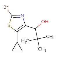 Chemical structure of 1-(2-bromo-5-cyclopropyl-1,3-thiazol-4-yl)-2,2-dimethylpropan-1-ol - CSSB21246451273