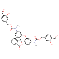 Chemical structure of (4-formyl-3-hydroxyphenyl)methyl N-[6'-({[(4-formyl-3-hydroxyphenyl)methoxy]carbonyl}(methyl)amino)-3-oxo-3H-spiro[2-benzofuran-1,9'-xanthen]-3'-yl]-N-methylcarbamate - CSSB03437847331